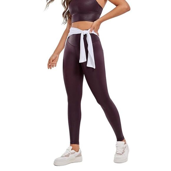 NWT CRZ Yoga Faux Leather Plum Lizard Tummy Control Leggings Sz L - Picture 2 of 9